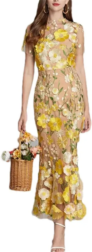 Pulcykp Women Lace Embroidery Prom Dress 3D Flower Short Sleeve Fishtail Dresses Party Bodycon Midi Dress
