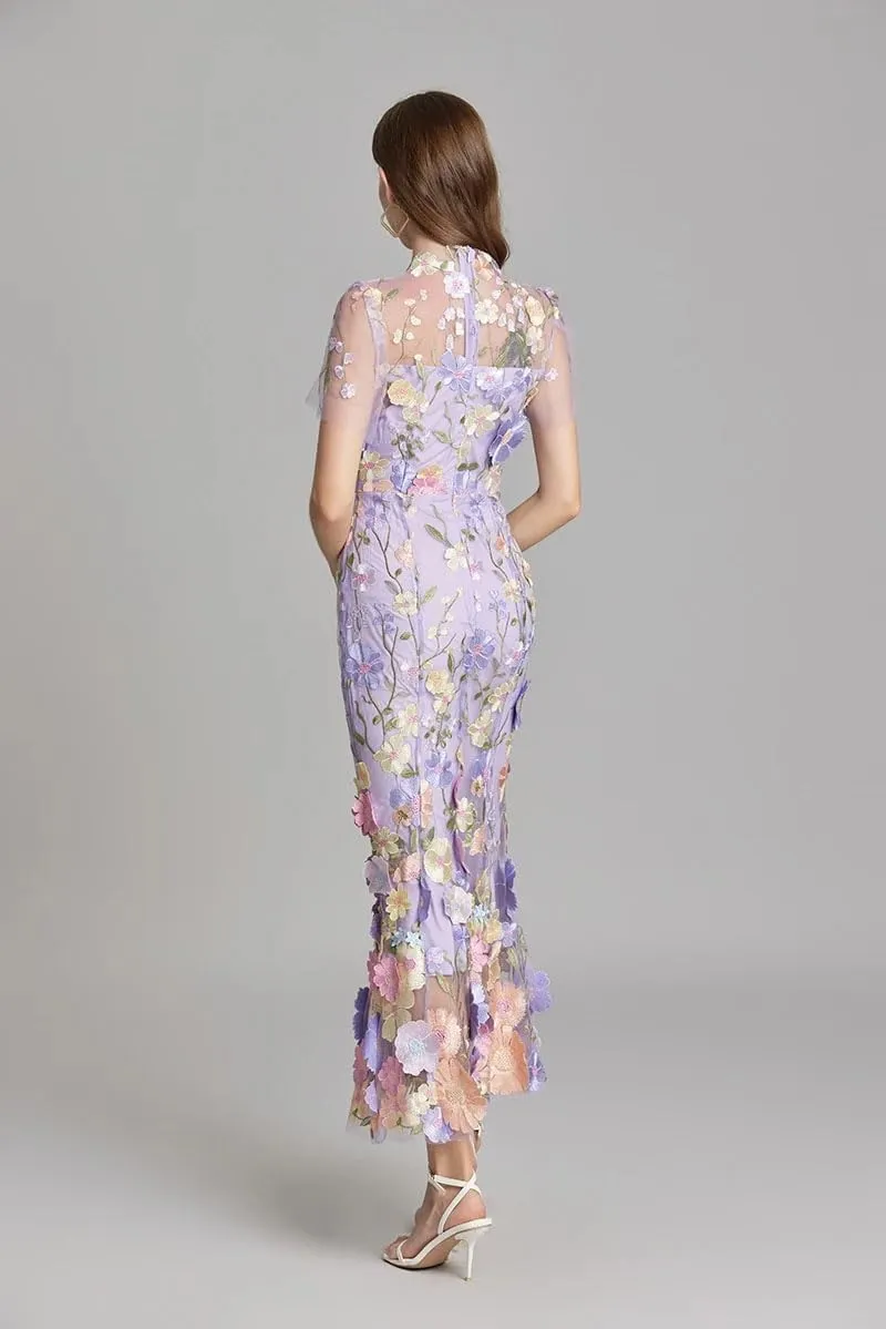 Pulcykp Women Lace Embroidery Prom Dress 3D Flower Short Sleeve Fishtail Dresses Party Bodycon Midi Dress