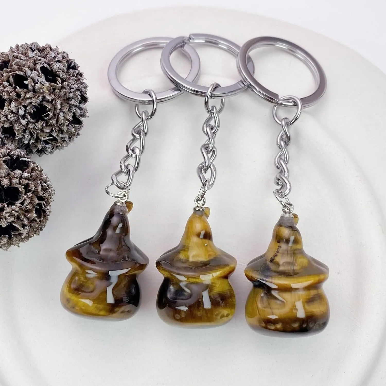 Pumpkin Skeleton Crystal Stone Keychain, Natural Crystal Gemstone Keychain for Women, Car Keys, Purse and Bag Charms