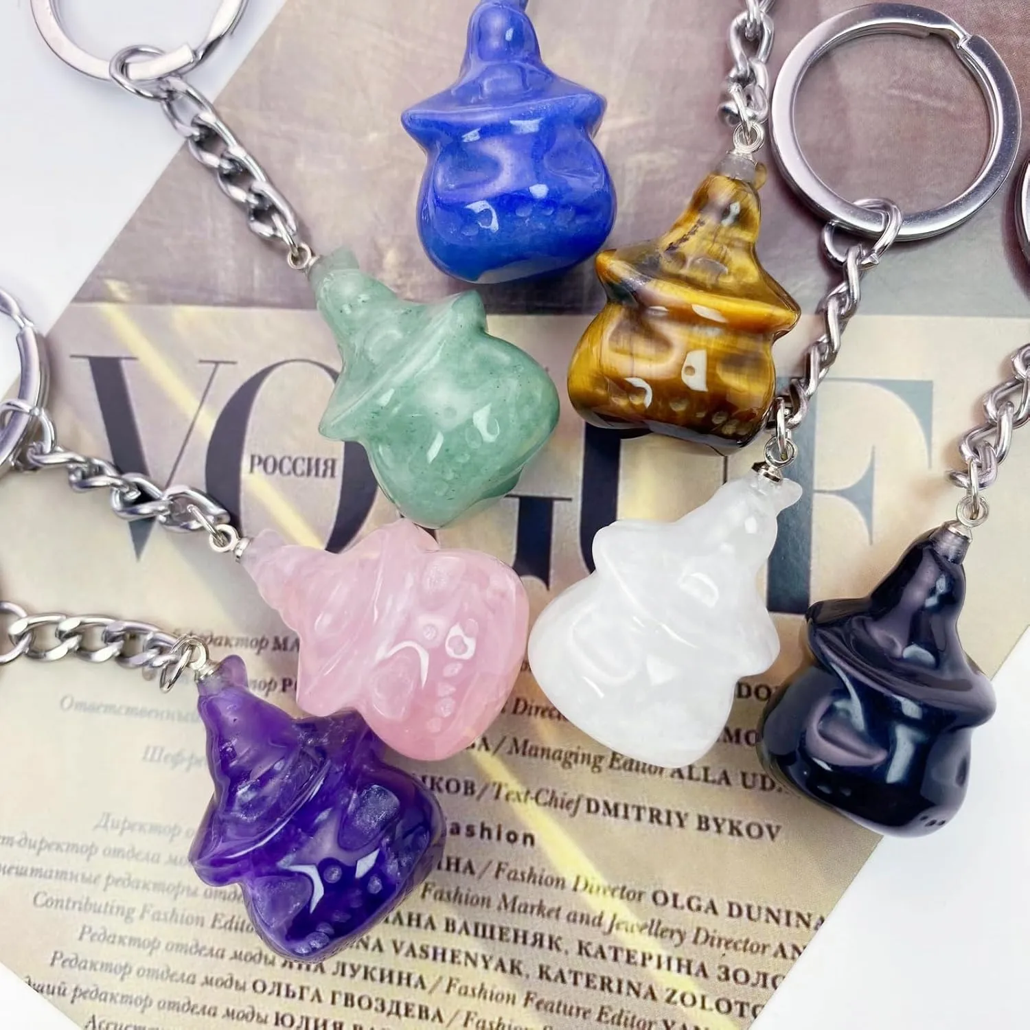 Pumpkin Skeleton Crystal Stone Keychain, Natural Crystal Gemstone Keychain for Women, Car Keys, Purse and Bag Charms