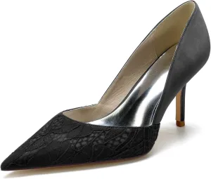 Pumps for Women Pointed Toe Stiletto High Heels Lace Satin Slip-On Wedding Shoes Ideal for Business Office Dress Weddings Fashion Events,Black,11.5