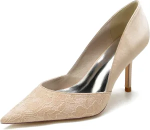 Pumps for Women Pointed Toe Stiletto High Heels Lace Satin Slip-On Wedding Shoes Ideal for Business Office Dress Weddings Fashion Events,Champagne,6