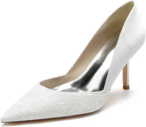 Pumps for Women Pointed Toe Stiletto High Heels Lace Satin Slip-On Wedding Shoes Ideal for Business Office Dress Weddings Fashion Events,White,11