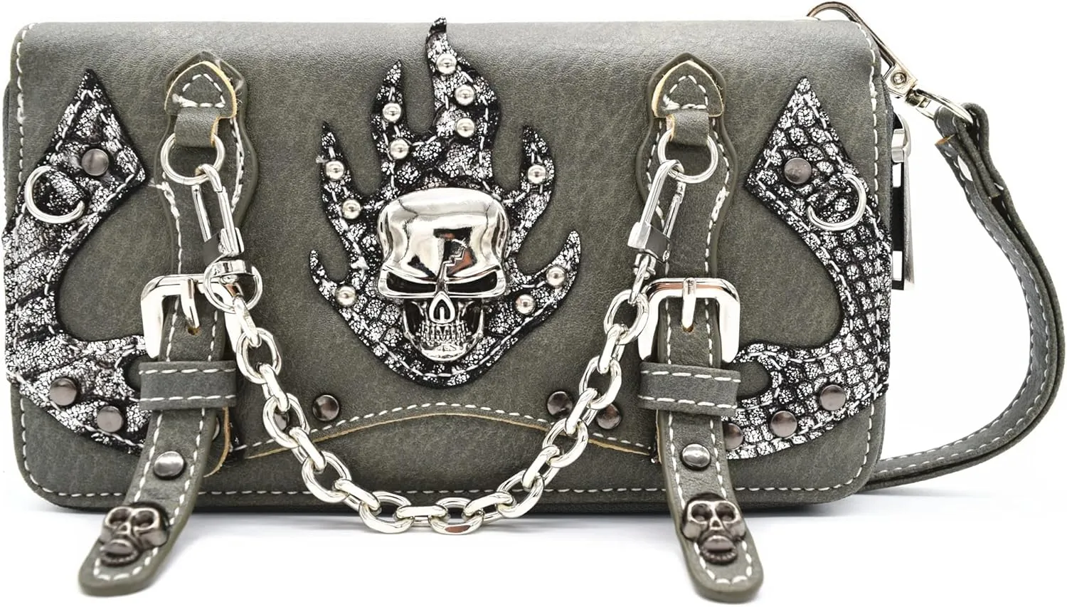 Punk Studs Gothic Skull Chain Art Rivet Buckle Studded Women Wallet Day of the Dead Zipper Wristlet Purse