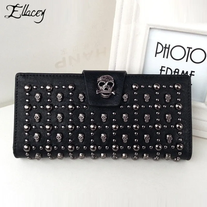Punk Style Female Long Skull Wallet Leather Women Buckle Rivet Coin Purse European Card Holder Mobile Phone Rivets Clutch Bag (Black)