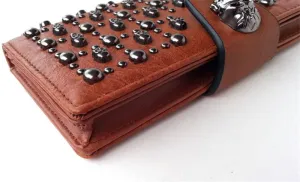 Punk Style Female Long Skull Wallet Leather Women Buckle Rivet Coin Purse European Card Holder Mobile Phone Rivets Clutch Bag (Black)