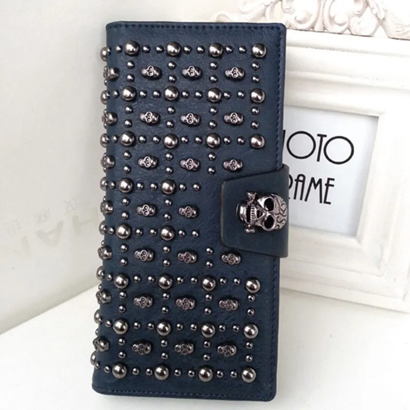 Punk Style Female Long Skull Wallet Leather Women Buckle Rivet Coin Purse European Card Holder Mobile Phone Rivets Clutch Bag (Black)