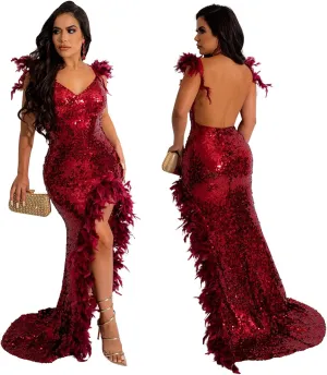 PURFUN Women Sexy Sequin Feather Dress Wrap V Neck Backless High Split Prom Maxi Dress Gown Cocktail Party Club Night Dresses
