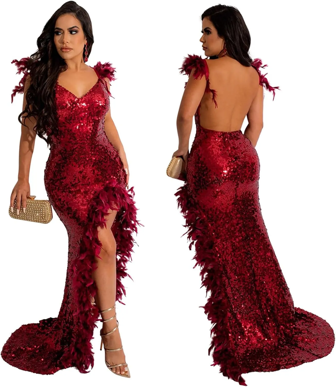 PURFUN Women Sexy Sequin Feather Dress Wrap V Neck Backless High Split Prom Maxi Dress Gown Cocktail Party Club Night Dresses