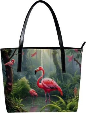Purses for Women,Tote Bag Aesthetic,Women's Tote Handbags,Colorful Animal Flamingos Jungle Illustration
