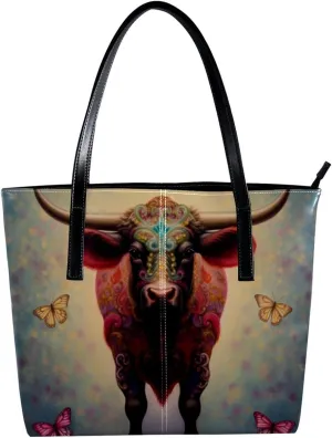 Purses for Women,Tote Bag Aesthetic,Women's Tote Handbags,Colorful Butterfly Cow Illustration