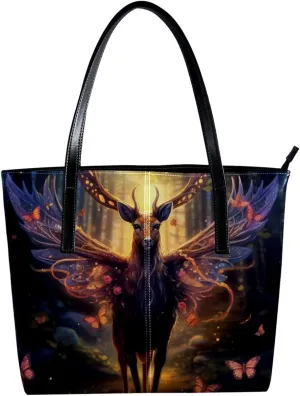 Purses for Women,Tote Bag Aesthetic,Women's Tote Handbags,Colorful Butterfly Deer Illustration
