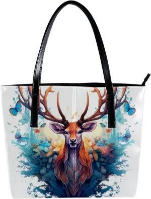 Purses for Women,Tote Bag Aesthetic,Women's Tote Handbags,Colorful Butterfly Deer Illustration