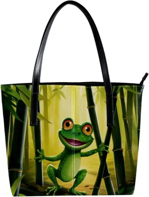 Purses for Women,Tote Bag Aesthetic,Women's Tote Handbags,Jungle Animal Frog Plant Pattern