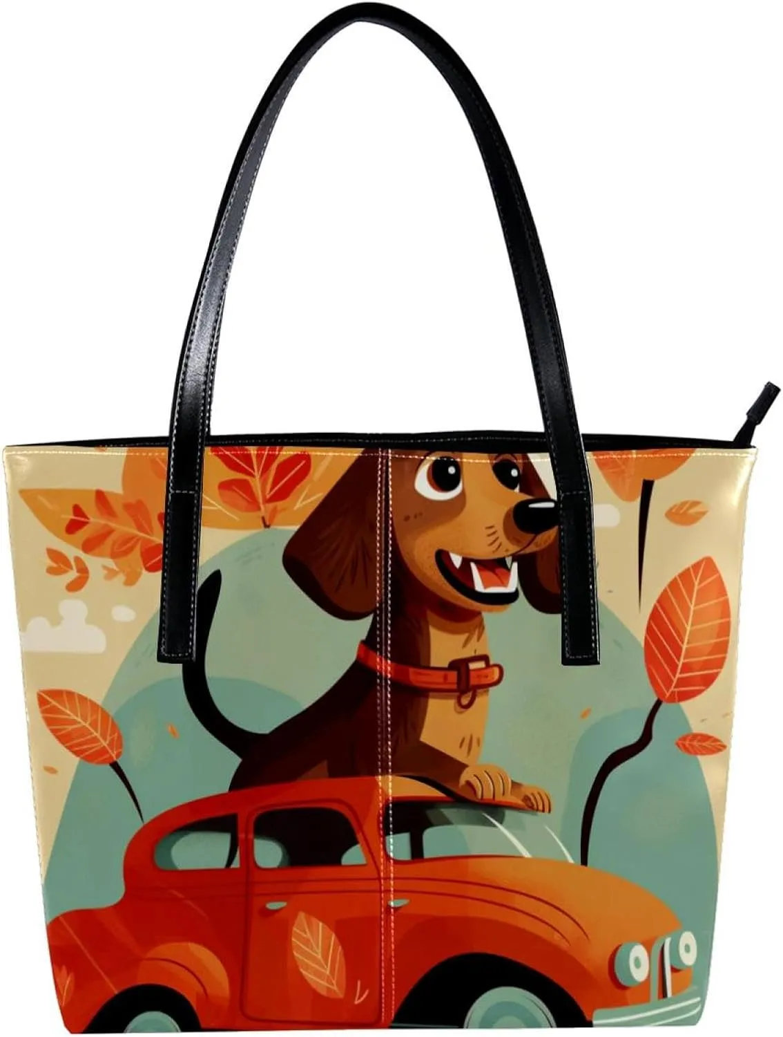 Purses for Women,Tote Bag Aesthetic,Women's Tote Handbags,Welcome Home Funny Dog Red Car Tree