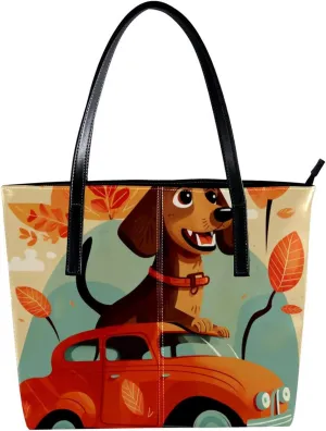 Purses for Women,Tote Bag Aesthetic,Women's Tote Handbags,Welcome Home Funny Dog Red Car Tree