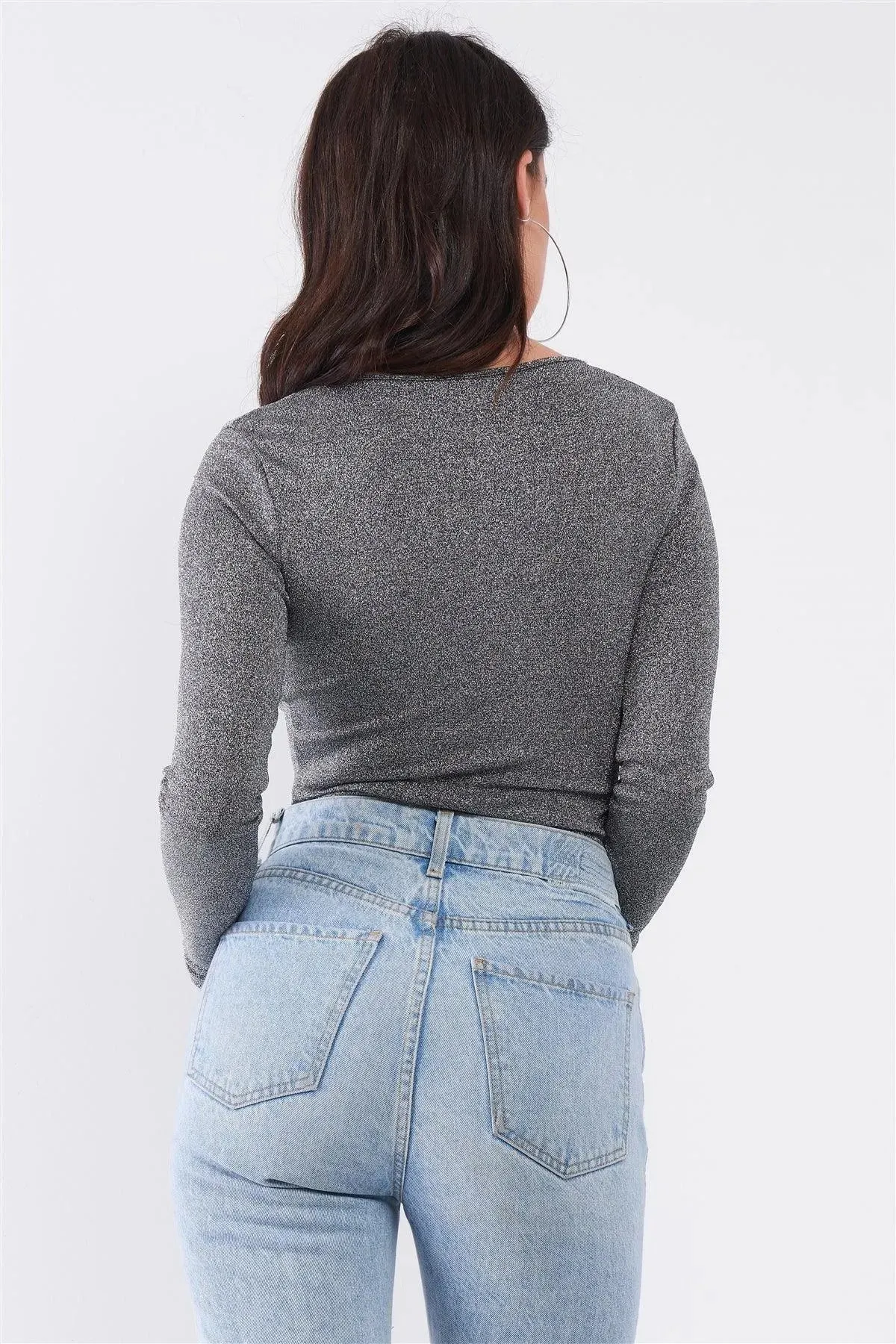 Quick Silver Glittery V-Neck Long Sleeve Cut-Out Shoulder Detail Bodysuit /3-2-1