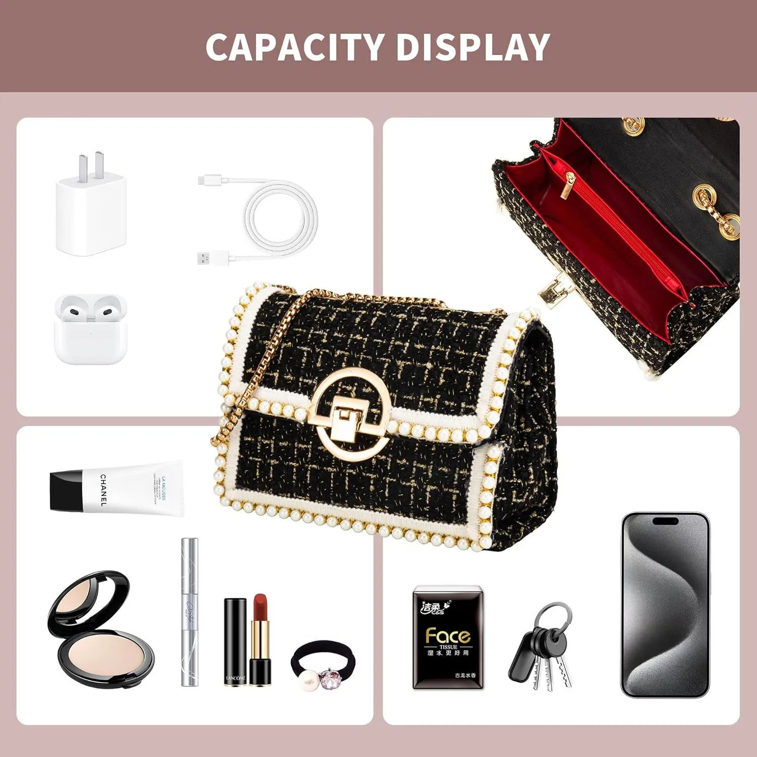 Quilted Shoulder Bag Purse for Women Fashion Tweed Pearl Clutch Handbag Designer Small Crossbody Bag, with Chain Strap