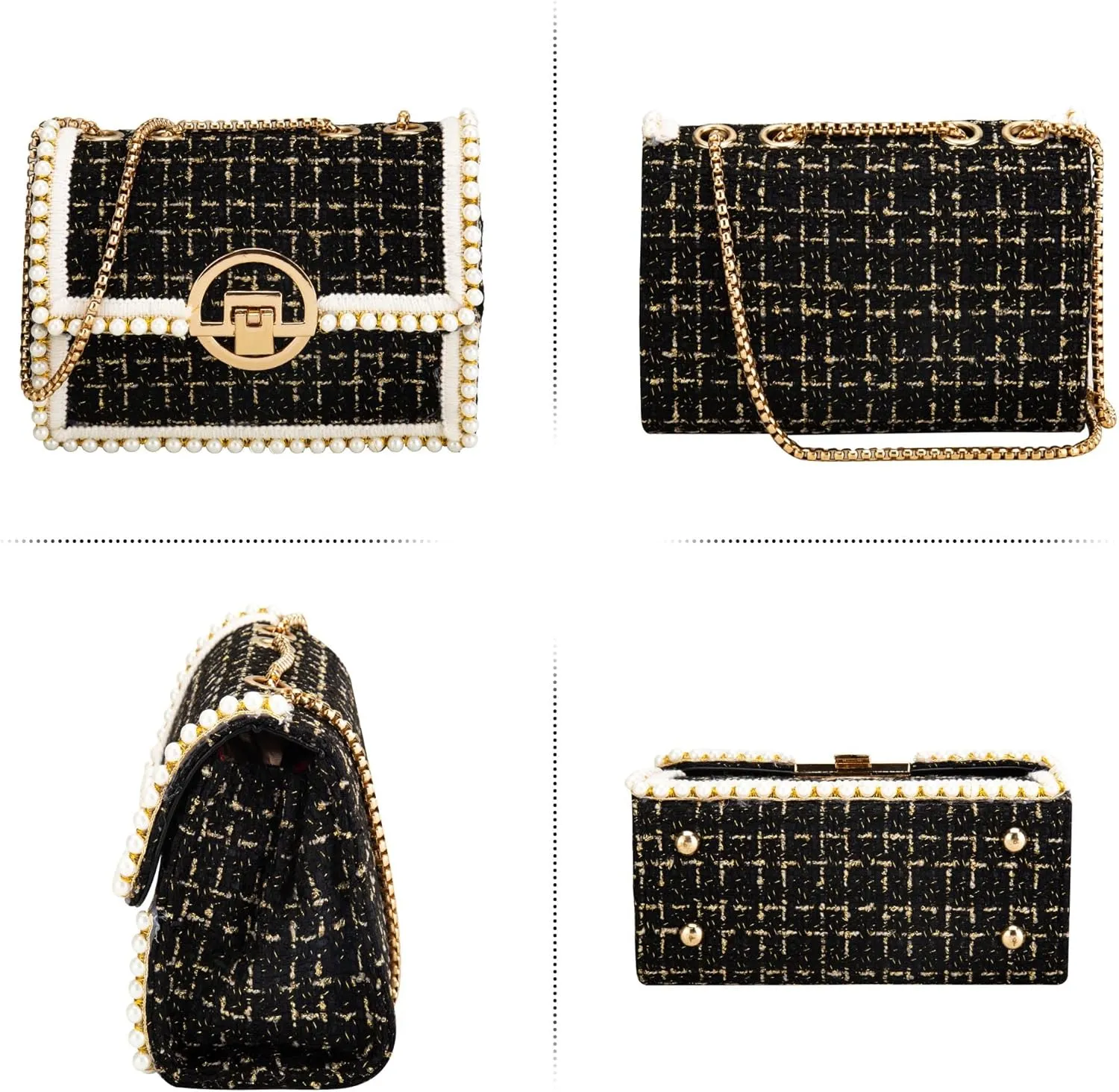 Quilted Shoulder Bag Purse for Women Fashion Tweed Pearl Clutch Handbag Designer Small Crossbody Bag, with Chain Strap