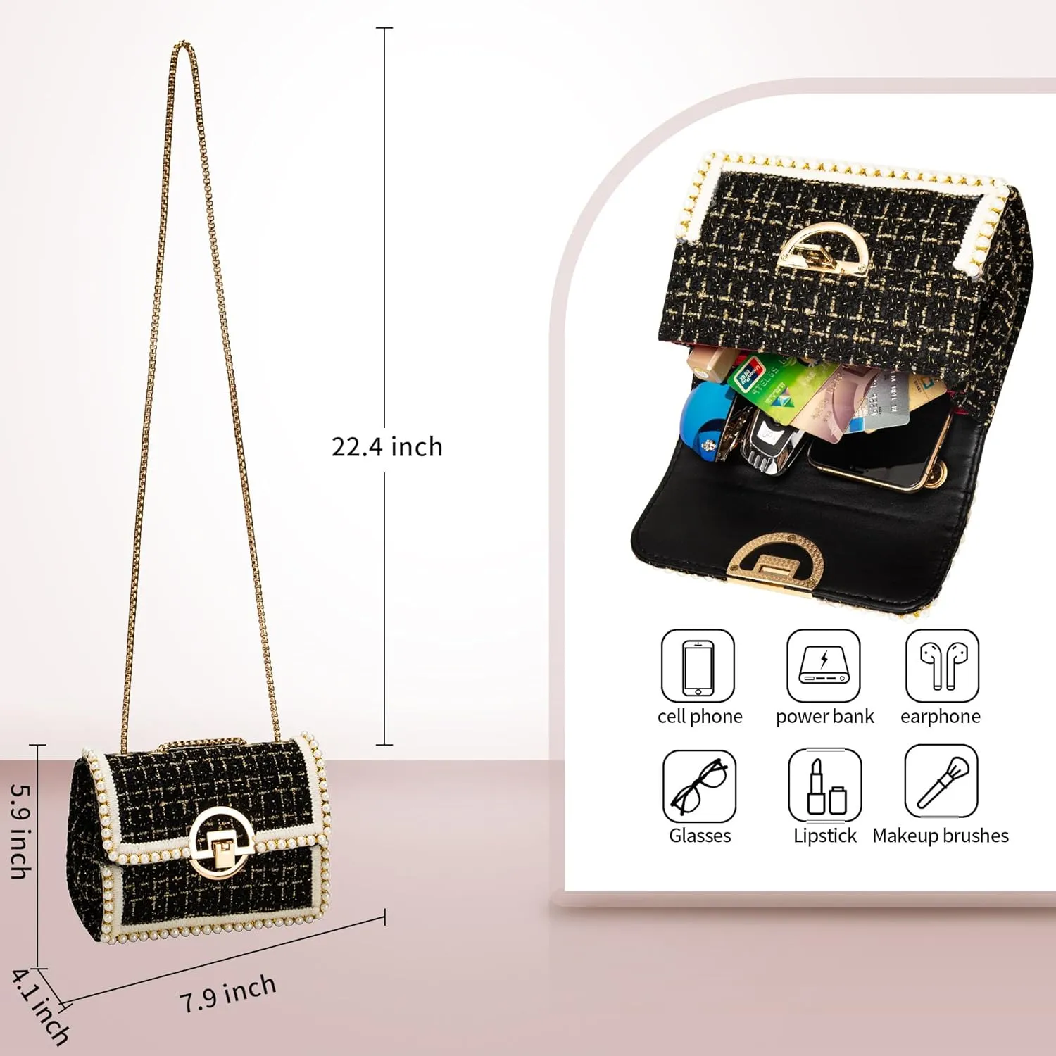 Quilted Shoulder Bag Purse for Women Fashion Tweed Pearl Clutch Handbag Designer Small Crossbody Bag, with Chain Strap