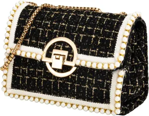 Quilted Shoulder Bag Purse for Women Fashion Tweed Pearl Clutch Handbag Designer Small Crossbody Bag, with Chain Strap