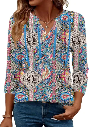 Rapbin 3/4 Length Sleeve Womens Tops Summer V Neck Lace Pleated Button Down Blouses Dressy Casual Elegant Tunic Shirts