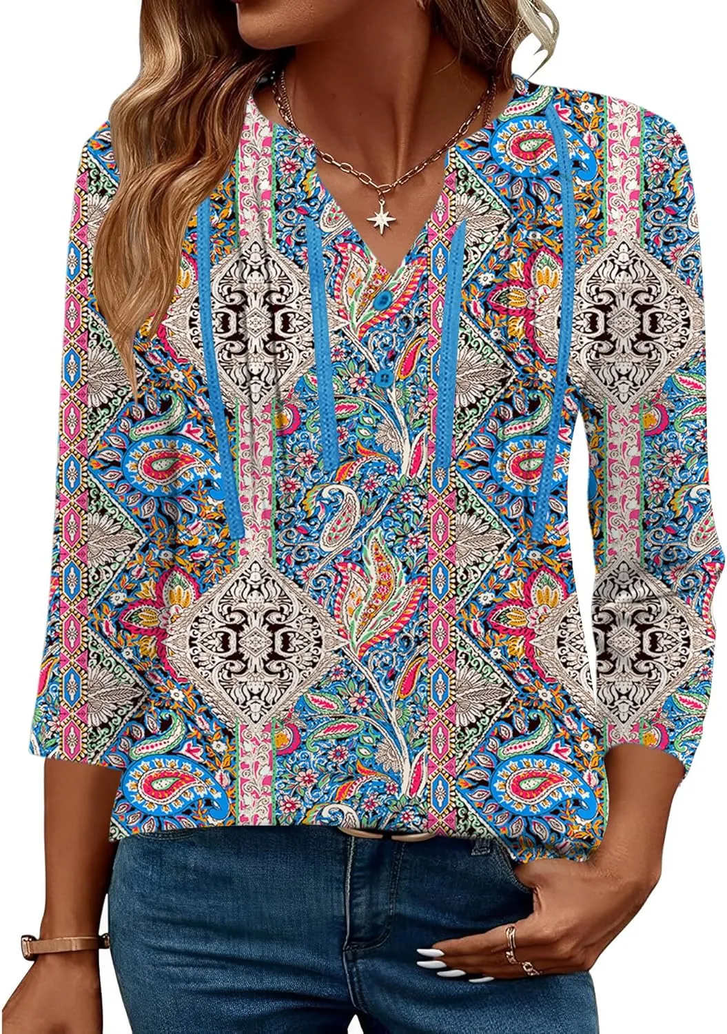 Rapbin 3/4 Length Sleeve Womens Tops Summer V Neck Lace Pleated Button Down Blouses Dressy Casual Elegant Tunic Shirts