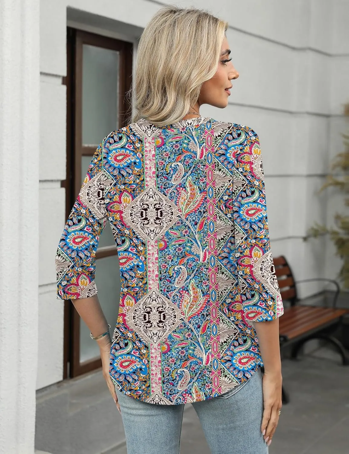 Rapbin 3/4 Length Sleeve Womens Tops Summer V Neck Lace Pleated Button Down Blouses Dressy Casual Elegant Tunic Shirts