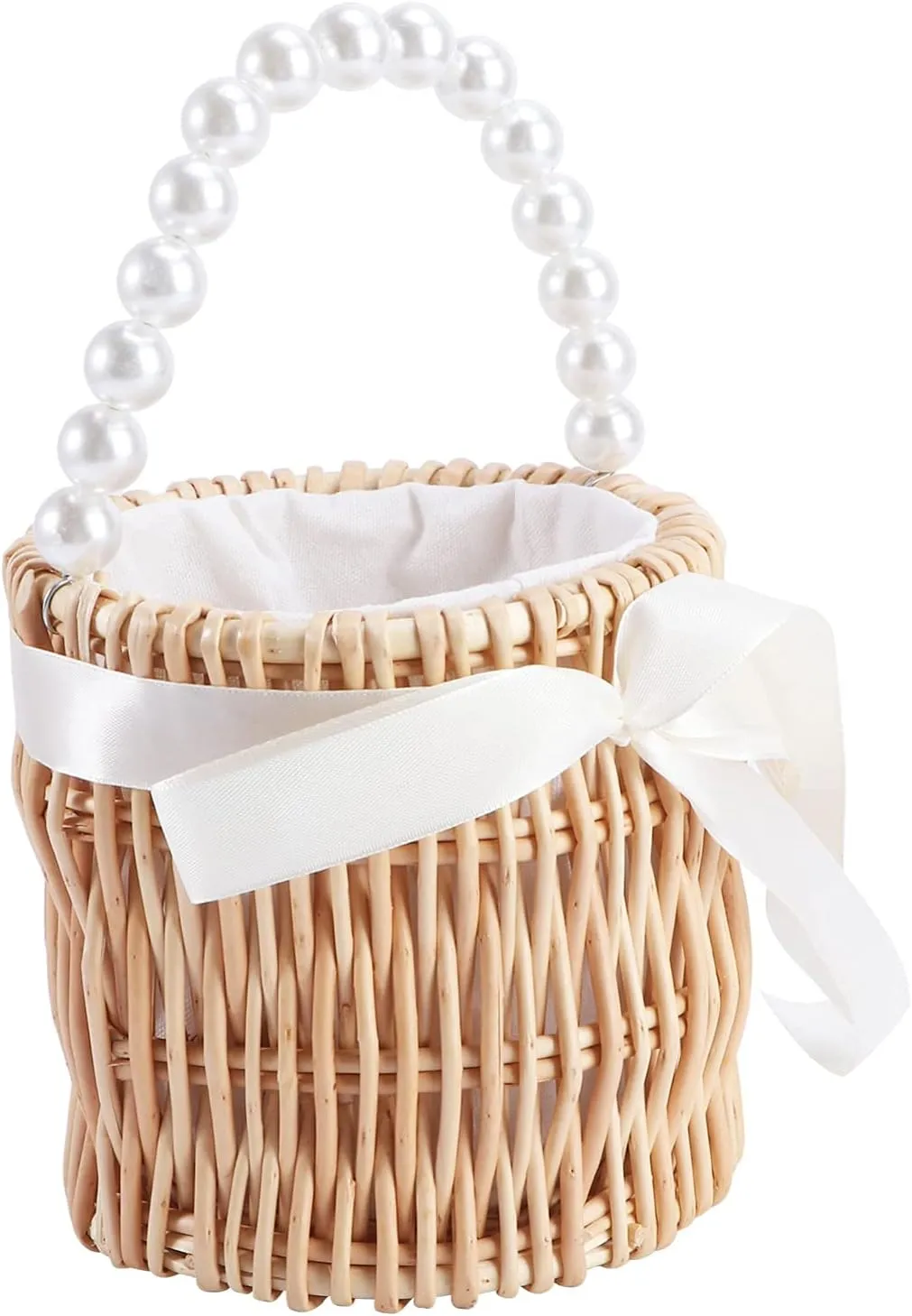 Rattan Bag Wicker Pearl Handbag for Women Handwoven Straw Bag Basket Top Handle Straw Handbags Rattan Bag With Lace Ribbon Shoulder Bag