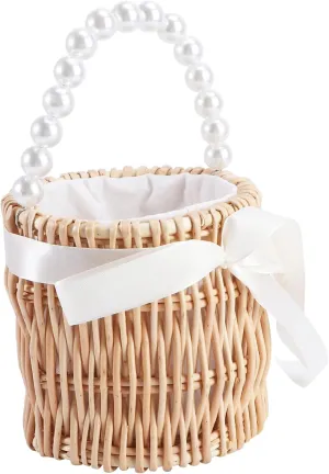 Rattan Bag Wicker Pearl Handbag for Women Handwoven Straw Bag Basket Top Handle Straw Handbags Rattan Bag With Lace Ribbon Shoulder Bag