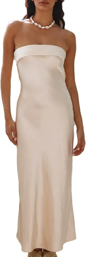 Realtix Satin Silk Backless Tube Tops Maxi Dress for Women Low Back Hollow Out Elegant Strapless Long Dresses Wedding Guest