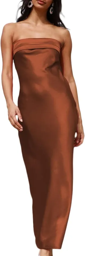 Realtix Satin Silk Backless Tube Tops Maxi Dress for Women Low Back Hollow Out Elegant Strapless Long Dresses Wedding Guest