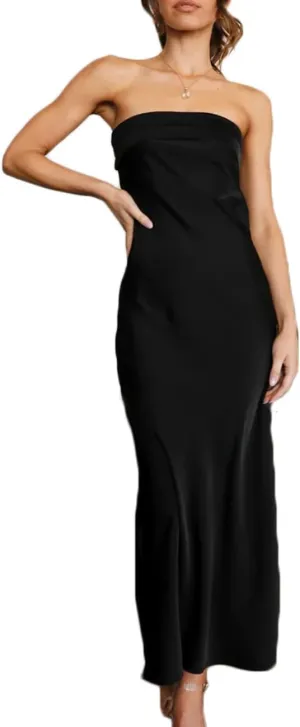 Realtix Satin Silk Backless Tube Tops Maxi Dress for Women Low Back Hollow Out Elegant Strapless Long Dresses Wedding Guest