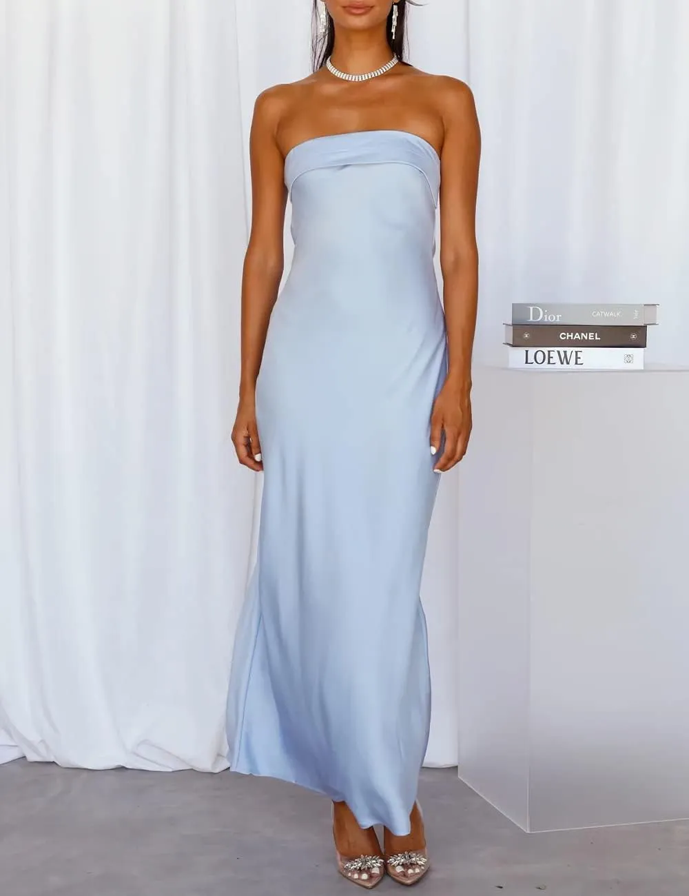 Realtix Satin Silk Backless Tube Tops Maxi Dress for Women Low Back Hollow Out Elegant Strapless Long Dresses Wedding Guest