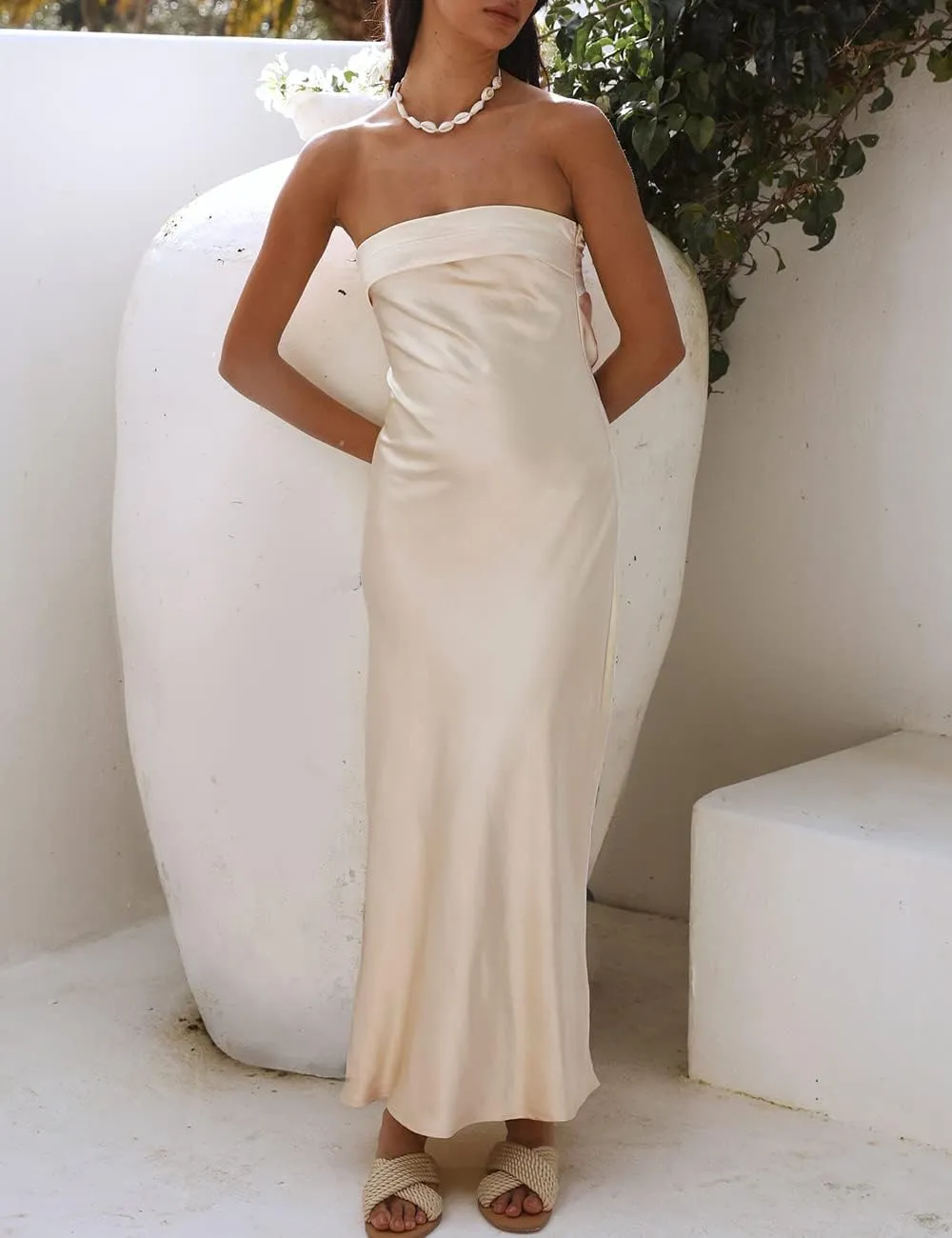 Realtix Satin Silk Backless Tube Tops Maxi Dress for Women Low Back Hollow Out Elegant Strapless Long Dresses Wedding Guest