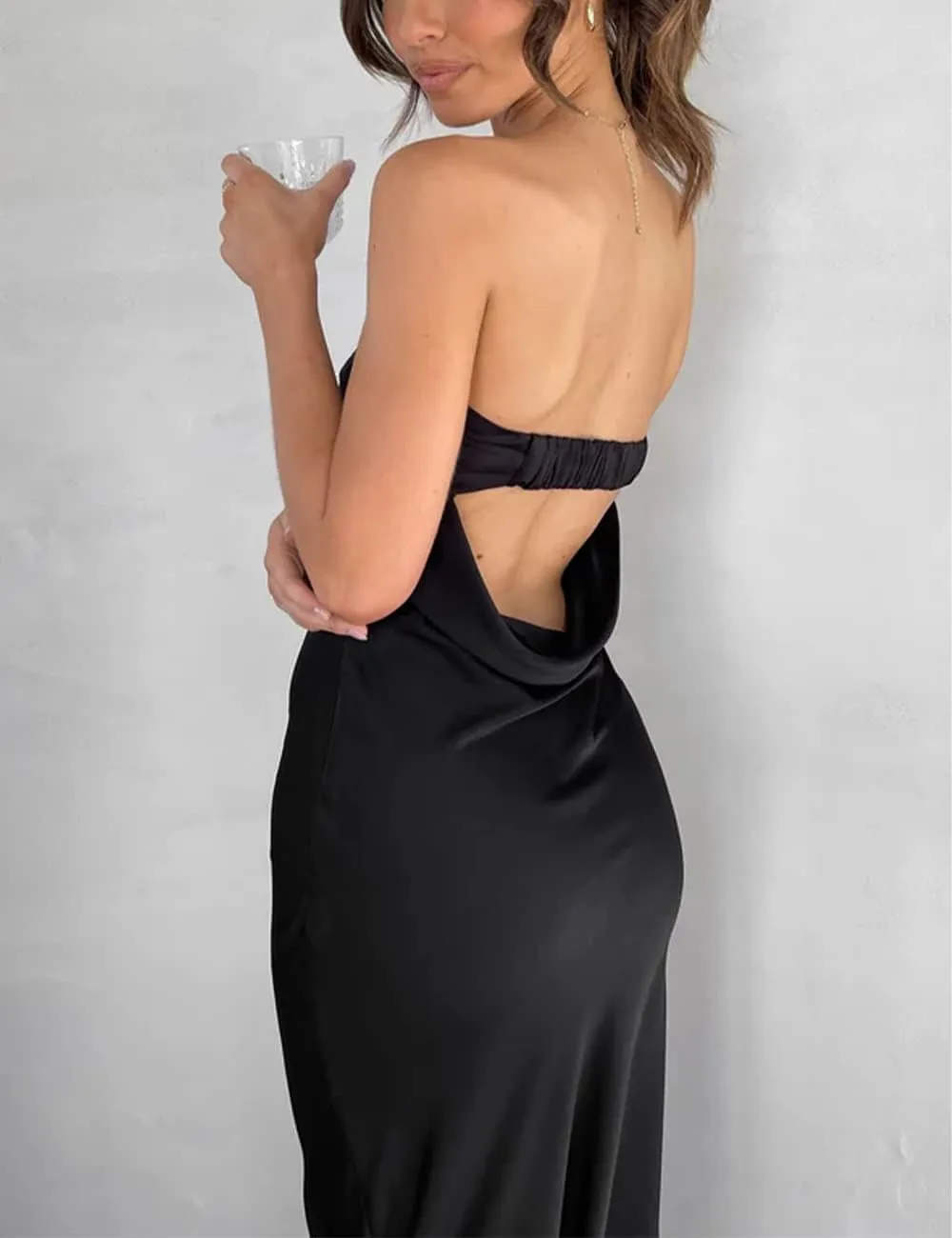 Realtix Satin Silk Backless Tube Tops Maxi Dress for Women Low Back Hollow Out Elegant Strapless Long Dresses Wedding Guest