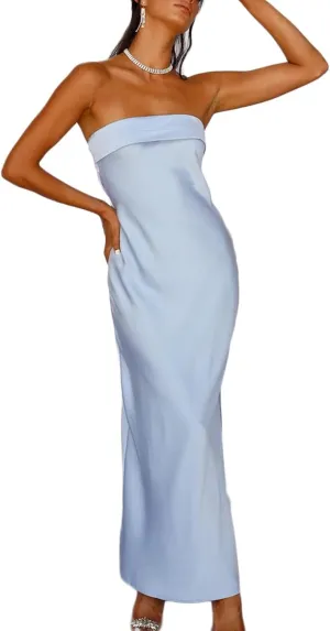 Realtix Satin Silk Backless Tube Tops Maxi Dress for Women Low Back Hollow Out Elegant Strapless Long Dresses Wedding Guest