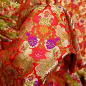 Red Brocade Fabric by the Yard Historic Costumes Indian Banarasi Wedding Dresses Material Knee Length Coat Sewing Skirt Upholstery Drapery