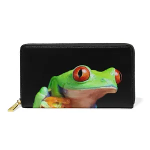 Red Eye Green Tree Frog on Exotic Plant with Black Background Women Leather Zipper Long Wallet, Coin Clutch Pouch Pocket Key CardLarge Capacity Organizer Slim Cover Case Change Purse Holder