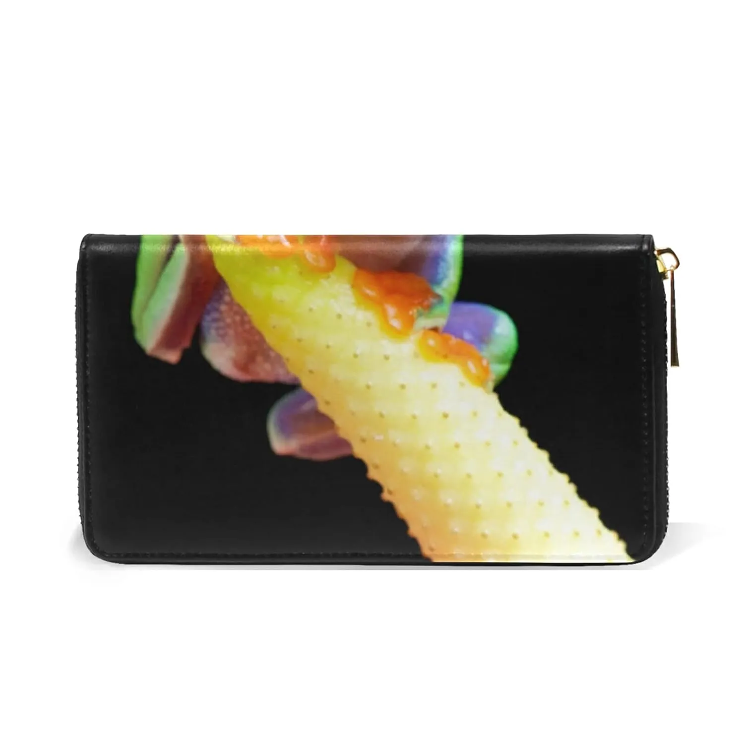 Red Eye Green Tree Frog on Exotic Plant with Black Background Women Leather Zipper Long Wallet, Coin Clutch Pouch Pocket Key CardLarge Capacity Organizer Slim Cover Case Change Purse Holder