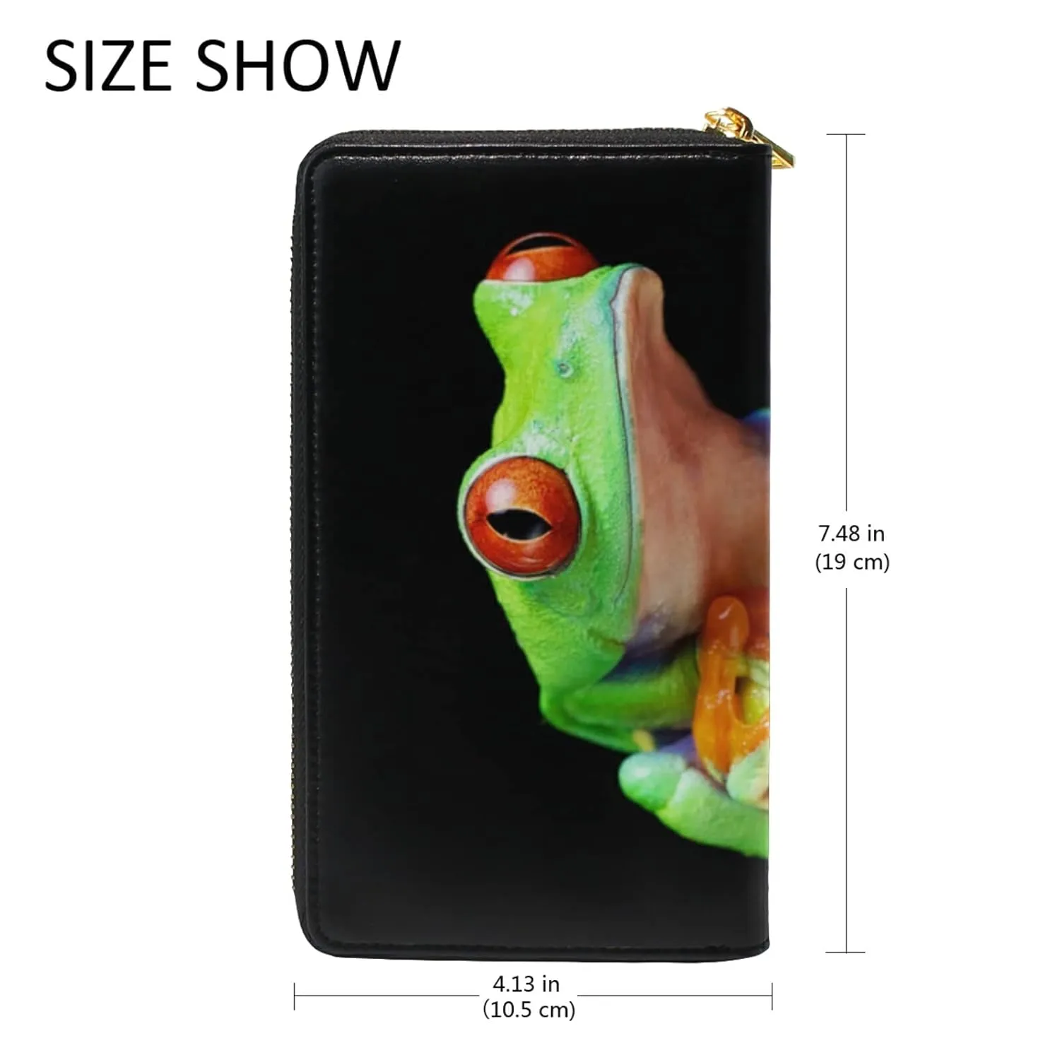 Red Eye Green Tree Frog on Exotic Plant with Black Background Women Leather Zipper Long Wallet, Coin Clutch Pouch Pocket Key CardLarge Capacity Organizer Slim Cover Case Change Purse Holder