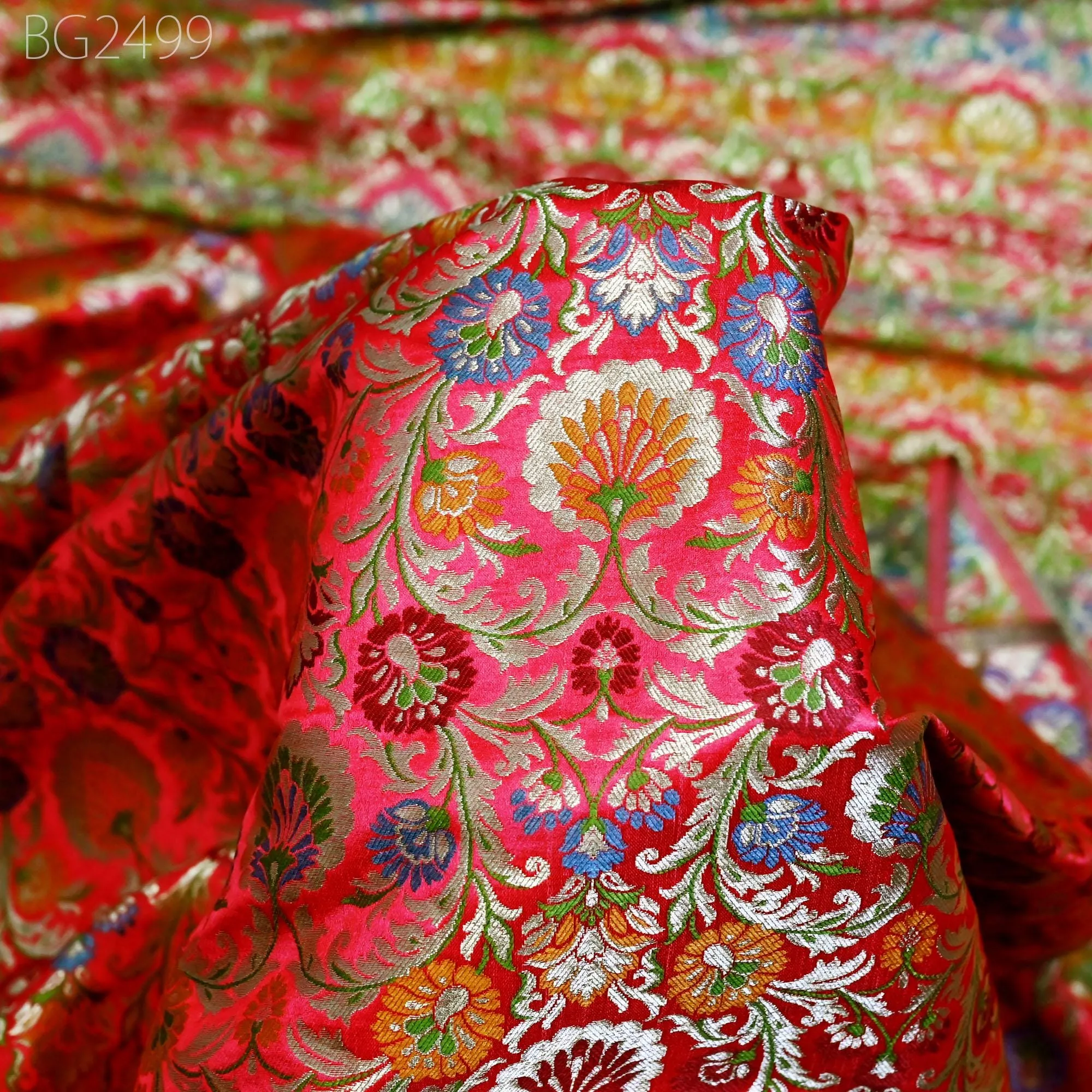 Red Indian Brocade Silk Fabric by the Yard Wedding Dress Jacket Banarasi Costume Material Sewing DIY Crafting Curtain Upholstery Furnishing