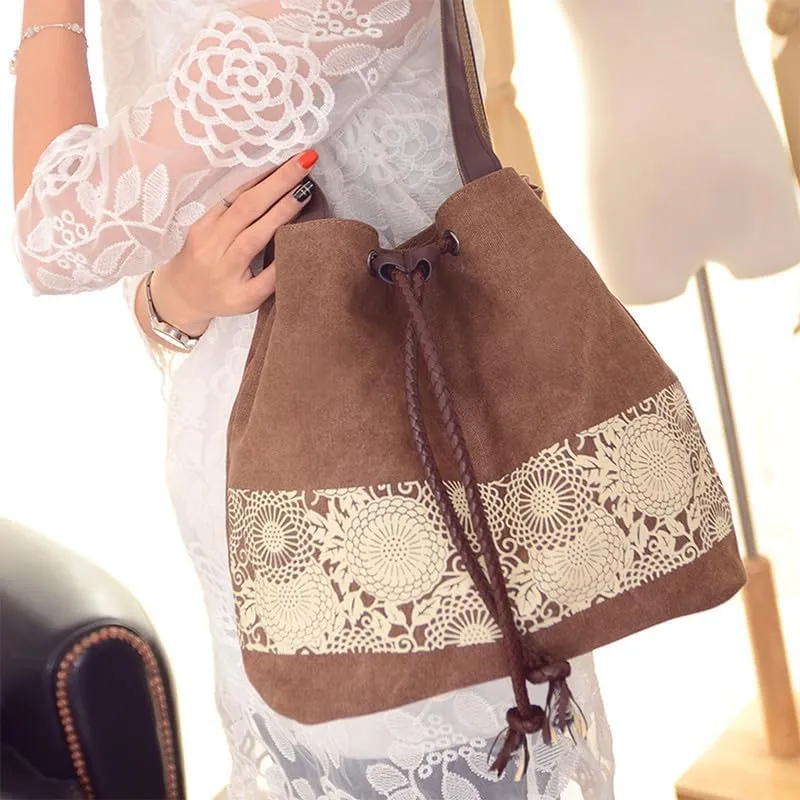 Retro Purses for Women Lace Print Shoulder Bag Drawstring Handbags for Women Purses and Handbags Bucket Shoulder Purse