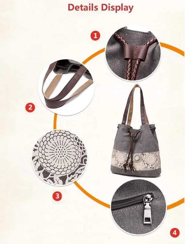 Retro Purses for Women Lace Print Shoulder Bag Drawstring Handbags for Women Purses and Handbags Bucket Shoulder Purse