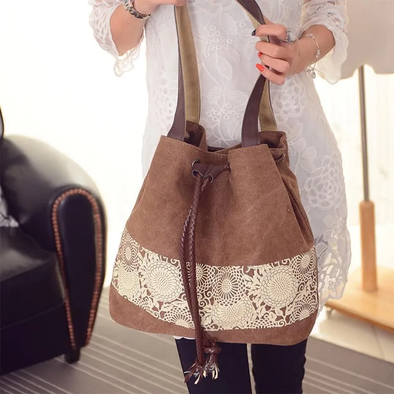 Retro Purses for Women Lace Print Shoulder Bag Drawstring Handbags for Women Purses and Handbags Bucket Shoulder Purse
