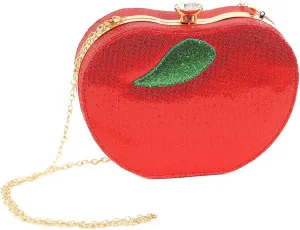 Rhinestone Apple Purse Schoolgirl Costume Accessories Set - Purse, Gold Chain, Clasp, Glittery Fabric