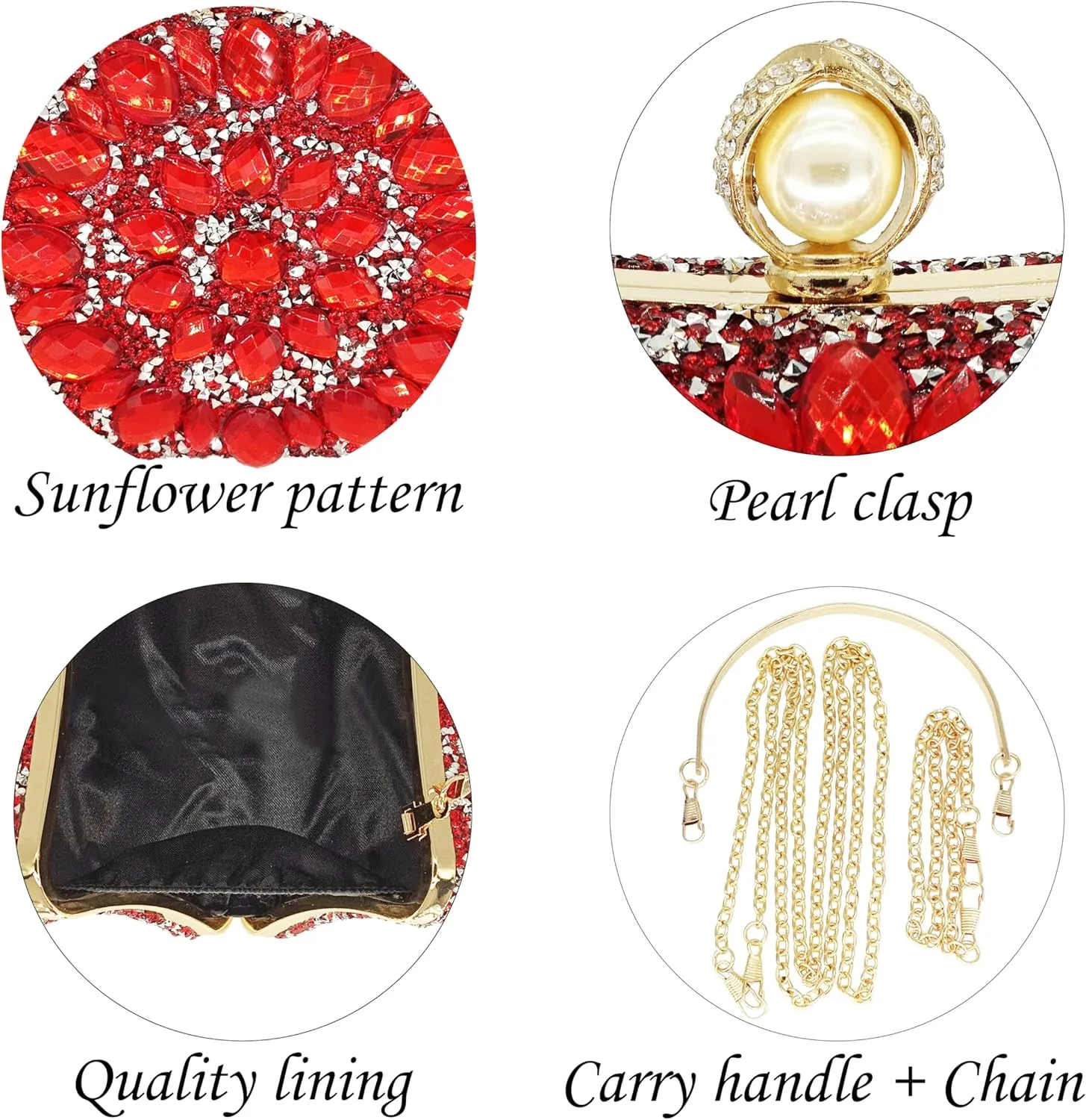 Rhinestone Clutch Purses for Women Evening Wedding Formal - Round Pearl Clasp Handbag - Crystal Diamond Bag
