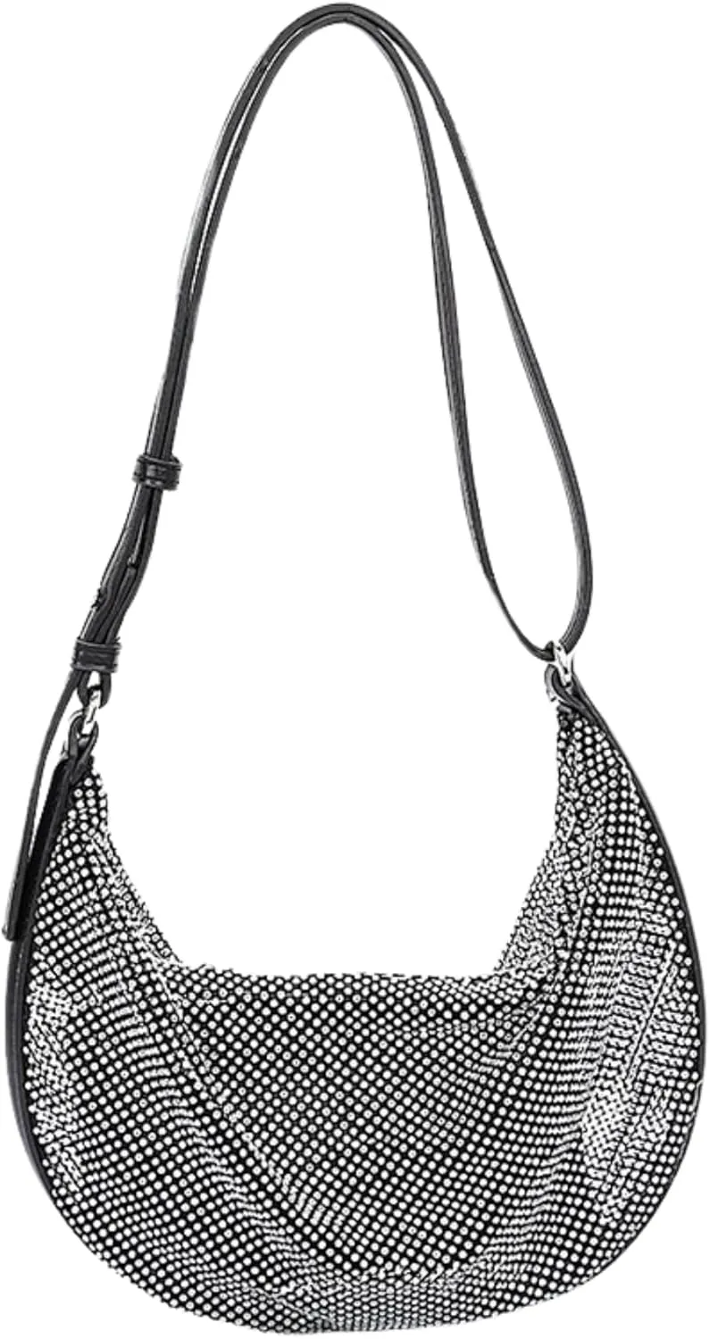 Rhinestone Mesh Shoulder Bag with Small Pouch for Women Sparkly Hobo Handbag Wedding Clutch Evening Cocktail Purse