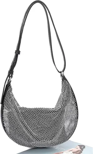 Rhinestone Mesh Shoulder Bag with Small Pouch for Women Sparkly Hobo Handbag Wedding Clutch Evening Cocktail Purse
