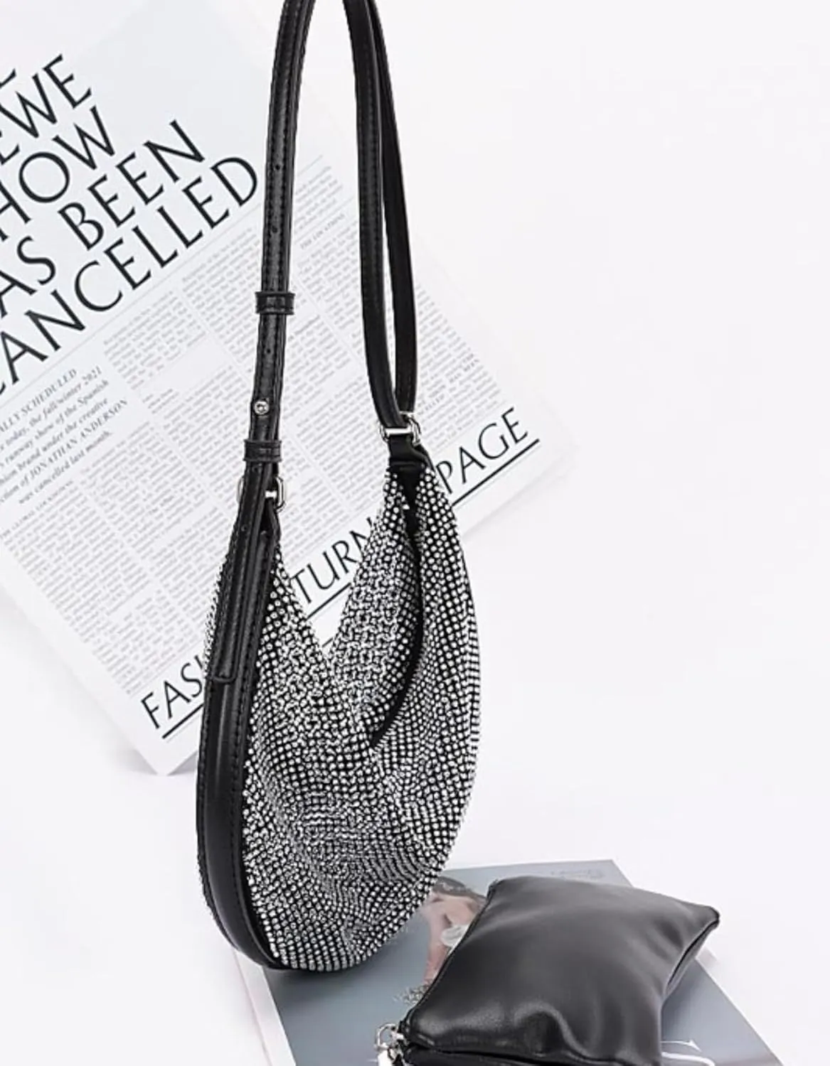 Rhinestone Mesh Shoulder Bag with Small Pouch for Women Sparkly Hobo Handbag Wedding Clutch Evening Cocktail Purse